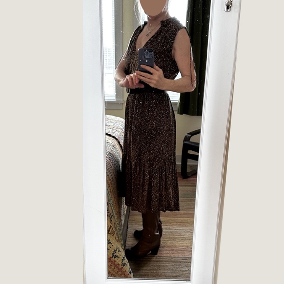 Midi Dress Brown & Gold  – Flattering Fit, Ruffle Hem – Size Small - Picture 2 of 5